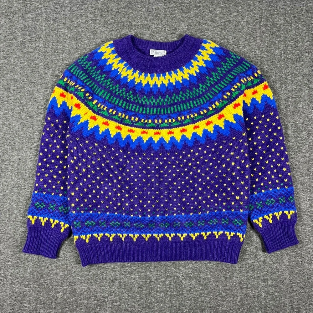 Vintage 80s Gallagher Chunky Fair Isle Sweater Mens Small Wool Old Money Grandpa